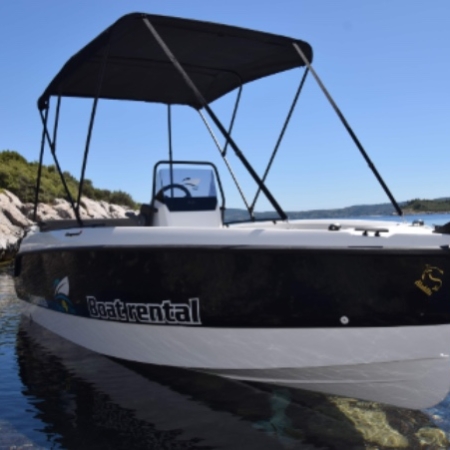 Compass 160e rental boat with sun canopy – up to 6 people, no license needed