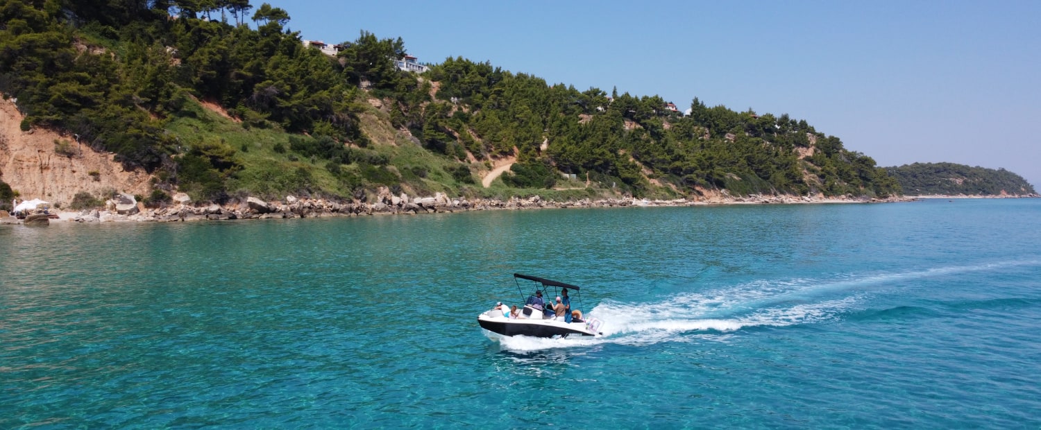 Rental boat without license on the sea in Halkidiki